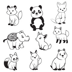
Black and white cute animal kids collection, sketch line art design, Adorable animal, domestic animal set silhouette vector, wild animal illustration.