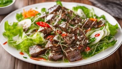 Spicy Pork Liver Salad (Tub Wan) in white plate.Thai food
