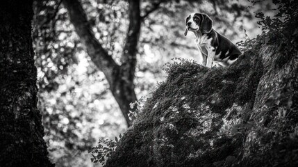 Beagle dog sitting on mossy rock in forest, black and white.