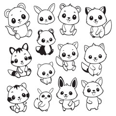 
Black and white cute animal kids collection, sketch line art design, Adorable animal, domestic animal set silhouette vector, wild animal illustration.