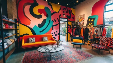 Colorful boutique interior with vibrant wall art, furniture, and clothing displays.