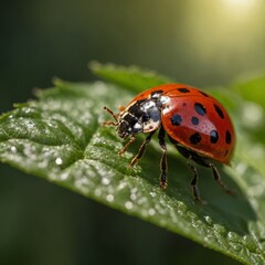 Fototapeta premium A vibrant red ladybug with black spots perched delicately on a fresh green leaf, basking in the soft glow of sunlight.