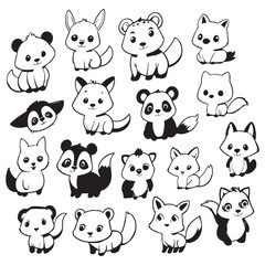 
Black and white cute animal kids collection, sketch line art design, Adorable animal, domestic animal set silhouette vector, wild animal illustration.