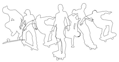 Skateboarders skateboarding on skate boards silhouette people set. Active sports people healthy players fitness silhouettes concept.