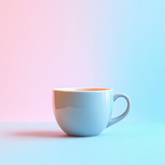 Obraz premium A light blue mug sits on a pastel surface, bathed in soft pink and blue light. Minimalist aesthetic.