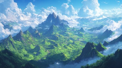 World Environment Day concept: Green mountains and beautiful sky clouds under the blue sky