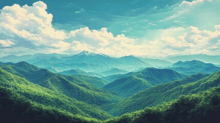 Obraz premium World Environment Day concept: Green mountains and beautiful sky clouds under the blue sky