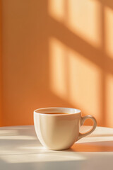 Warm morning sunlight illuminates a cup of coffee on a white table.  The peaceful scene evokes a sense of calm and tranquility.