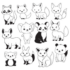 Fototapeta premium Black and white cute animal kids collection, sketch line art design, Adorable animal, domestic animal set silhouette vector, wild animal illustration.