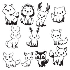 
Black and white cute animal kids collection, sketch line art design, Adorable animal, domestic animal set silhouette vector, wild animal illustration.