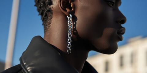 Close-up profile of a person wearing a long silver chain earring.  A stylish accessory against a blurred urban backdrop.