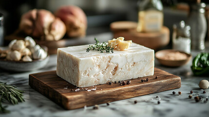 Culinary preparation featuring a block of cheese on a wooden cutting board with fresh herbs