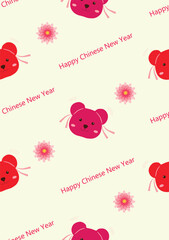 Red girl chinese bear happy new year text and beauty red-pink peony on creame color background.Vector seamless pattern.