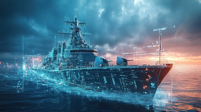 A digital representation of a naval ship with technology overlays in a maritime setting, showcasing advanced naval strategies and modern ship design in the defense and technology sectors.