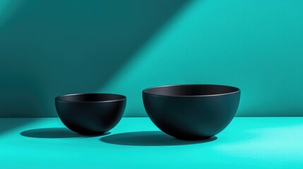 Artistic composition of a matte black cup and bowl on a bold teal background, modern and sleek.