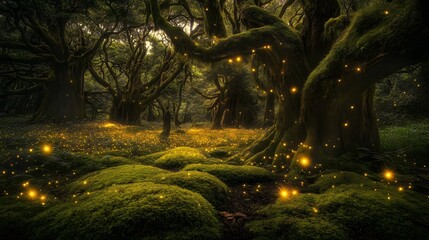 Magical fireflies illuminating enchanted forest nature photography tranquil atmosphere dreamy viewpoint