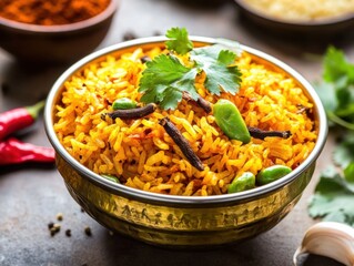 A traditional Indian rice dish in a brass bowl. Featuring vibrant spices and garnished with cilantro. Highlighting the rich flavors and cultural heritage. Ideal for culinary and cultural articles.