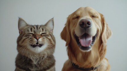 Funny Happy Cat and Dog Smiling with Closed Eyes - Close-Up Portrait on White and Transparent Background
