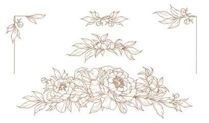 Floral frames with golden peony flowers, branches and leaves in line art style. Vector illustration for card, banner, wedding invitation, save the date, tattoo, advertising, packaging © Victory