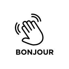 Bonjour text with hand wave icon Thin line art isolated © Mincraft
