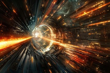 Futuristic Cityscape Through A Hyper Speed Tunnel