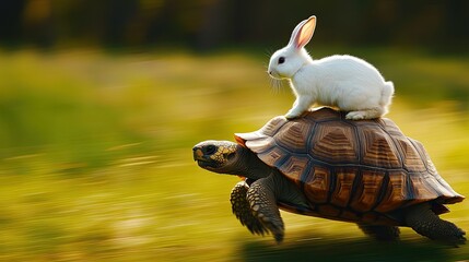"Rabbit Rides Turtle in a Race, Blurred Background"