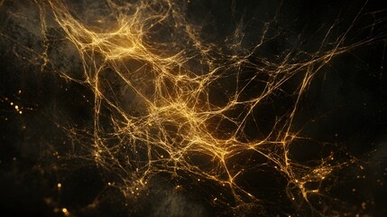 Dynamic golden networks abstract visualization digital art dark background close-up view concept of connectivity