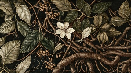 Depiction of botanical illustrations intricate details of leaves flowers roots