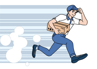 荷物を抱え笑顔で走る配達員