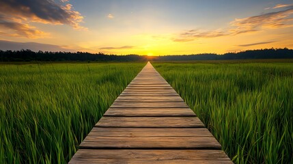 Fototapeta premium A peaceful wooden pathway stretches through lush green grass, leading toward a vibrant sunset, creating a serene natural scene.