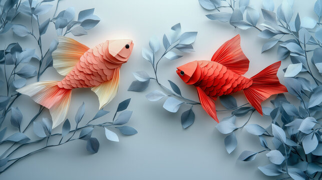 Origami goldfish swimming amidst delicate paper foliage