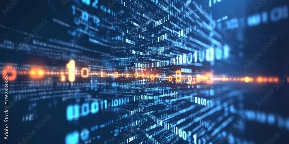 Poster Abstract blue technology background with binary code  - ai