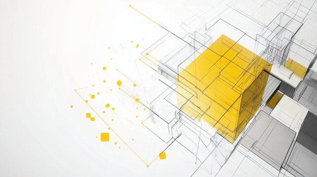 Abstract Geometric Design: Yellow Cube in Wireframe Network Structure