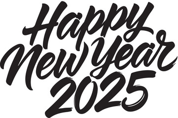 Happy New Year 2025, black brush vector illustration on white background