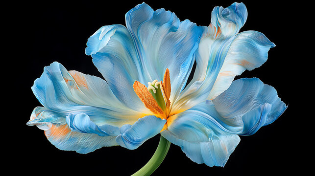 A stunning blue tulip flower featuring wide-open, intricately detailed petals captured from the backside, beautifully showcased against a dark background to highlight its vivid color and texture.