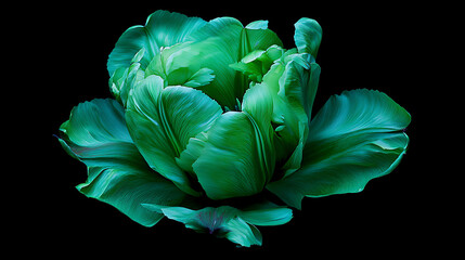 Obraz premium Backside of green wide open tulip flower on black background