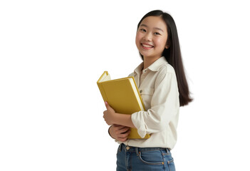 Young asian woman in casual outfit holding a yellow book while smiling. Studio portrait on transparent background. Education and knowledge concept.