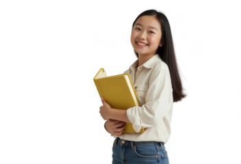 Young asian woman in casual outfit holding a yellow book while smiling. Studio portrait on transparent background. Education and knowledge concept.