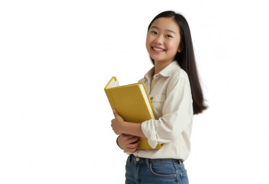 Young asian woman in casual outfit holding a yellow book while smiling. Studio portrait on transparent background. Education and knowledge concept.