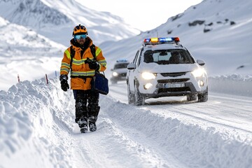 Snowfall power storm concept. A rescue worker walks through deep snow alongside a patrol car in a snowy landscape, highlighting winter weather conditions and safety efforts.