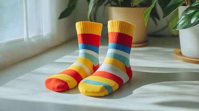 Colorful striped socks on table indoor setting lifestyle photography natural light cheerful vibe - Powered by Adobe