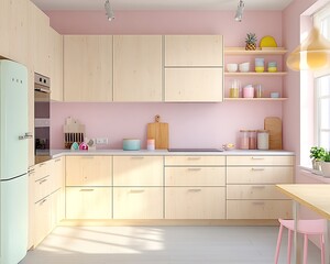 Warm Scandinavian kitchen with pale birch wood cabinets and pastel accents