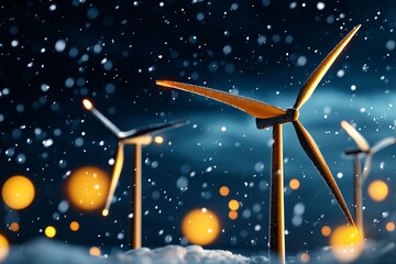 Snowfall power storm concept. Wind turbines illuminated by warm lights in a snowy landscape, creating a serene atmosphere at night.