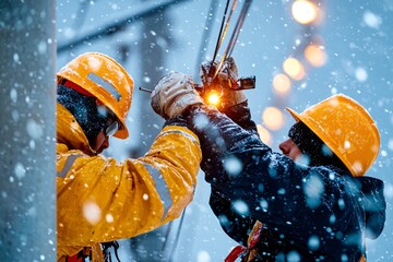 Snowfall power storm concept. Two workers in yellow jackets and hard hats connect wires in a snowstorm, highlighting teamwork and resilience in harsh conditions.
