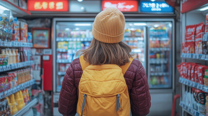 Obraz premium woman with yellow backpack shops in convenience store