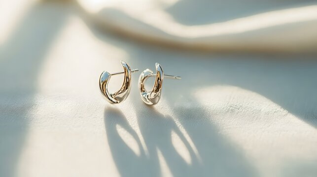 Elegant silver earrings displayed on a soft fabric background jewelry photography minimalist style