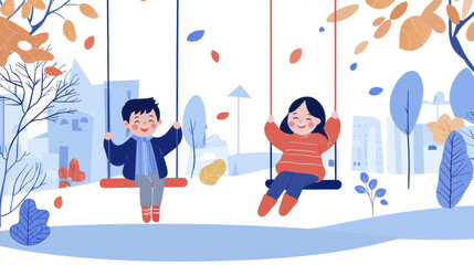 Fototapeta premium Cheerful children playing on swings in colorful autumn park scene