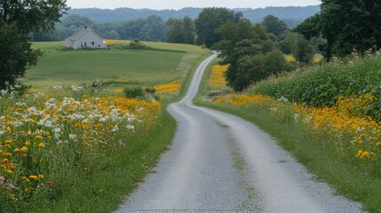 Quiet country road surrounded by vibrant wildflowers, leading to a distant farmhouse.