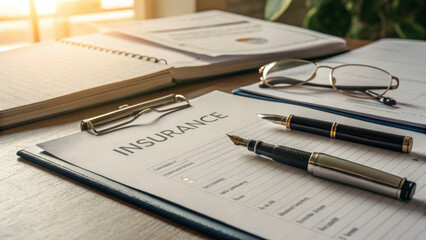 Insurance documents and pens on desk in sunlight