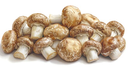 A Pile of Fresh Brown Mushrooms Isolated on White Background.